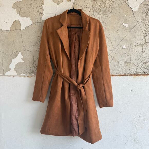 other Jackets & Blazers - Faux Suede Jacket Camel Brown Drape Coat Tie Waist Quiet Luxury French Girl L